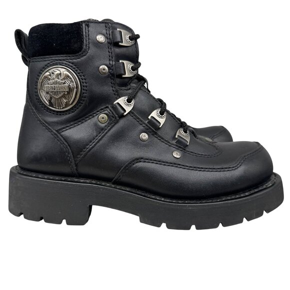 Harley Davidson 94011 Black chunky Grunge Metal Logo Motorcycle Boots Men’s sz 7 - Picture 1 of 11